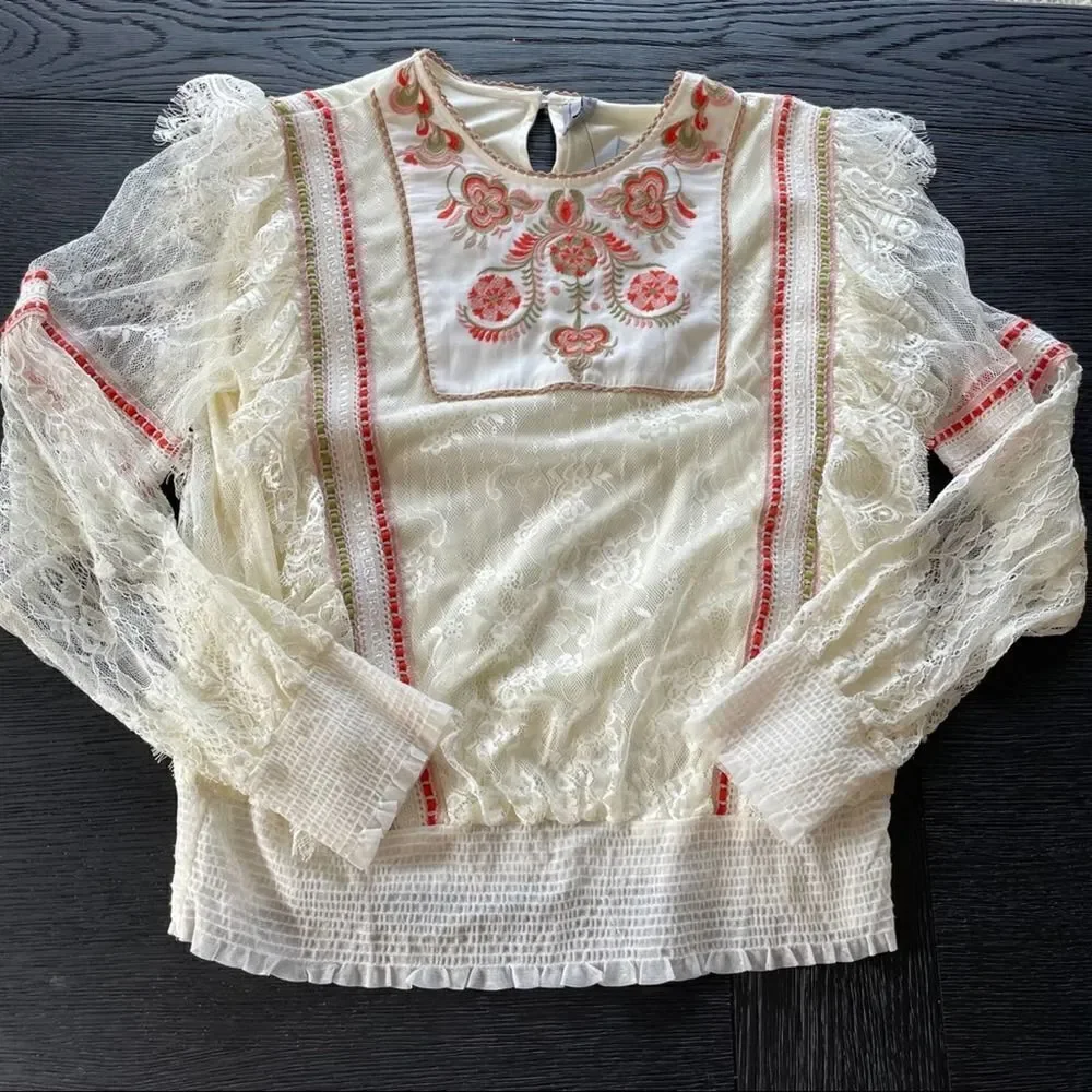 ANTHROPOLOGIE NWT Bl-nk Tali Embroidered Lace Top LARGE